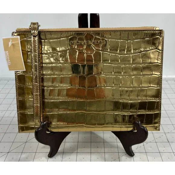 Michael Kors Gold Jet Set Travel XL Leather Clutch New NWT Wristlet w/Strap - Picture 1 of 7